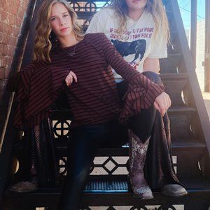 Rust with navy butterfly sleeve blouse